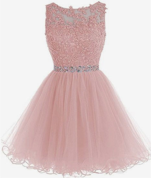 Round Neck Lace Short Pink Prom Dresses ...